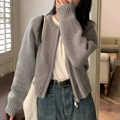 Autumn Winter Short Knitting Cardigan Women Solid Color Long Sleeve Round Neck Sweater Jacket 2025 Casual Zipper Sweater Coats - Smarsty