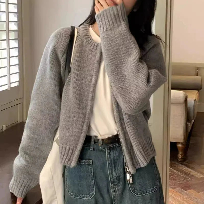 Autumn Winter Short Knitting Cardigan Women Solid Color Long Sleeve Round Neck Sweater Jacket 2025 Casual Zipper Sweater Coats - Smarsty