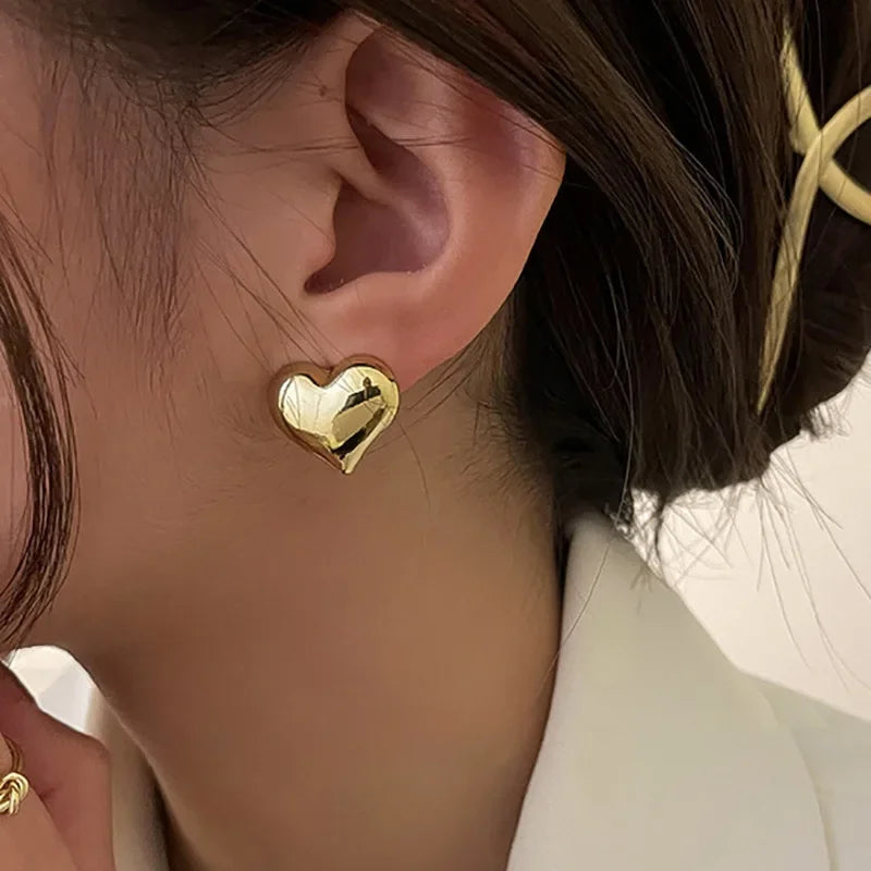 Gold Heart Stud Earrings Minimalist Smooth Bridal Wedding - Smarsty