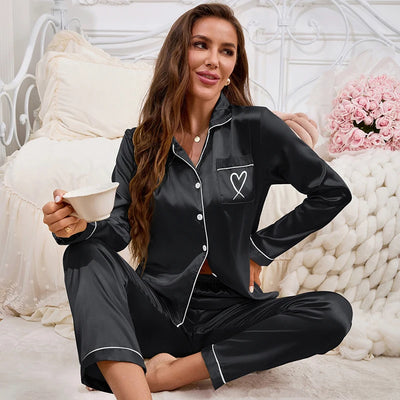Autumn Satin Pajama for Women Heart-shaped Embroidery Sleepwear & Loungewear Long Sleeve Top & Pants Home Clothes Pyjama 2 Piece - Smarsty