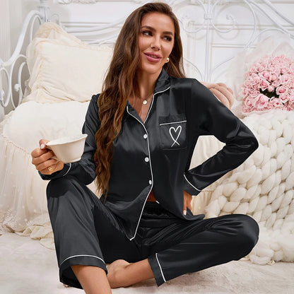 Autumn Satin Pajama for Women Heart-shaped Embroidery Sleepwear & Loungewear Long Sleeve Top & Pants Home Clothes Pyjama 2 Piece - Smarsty