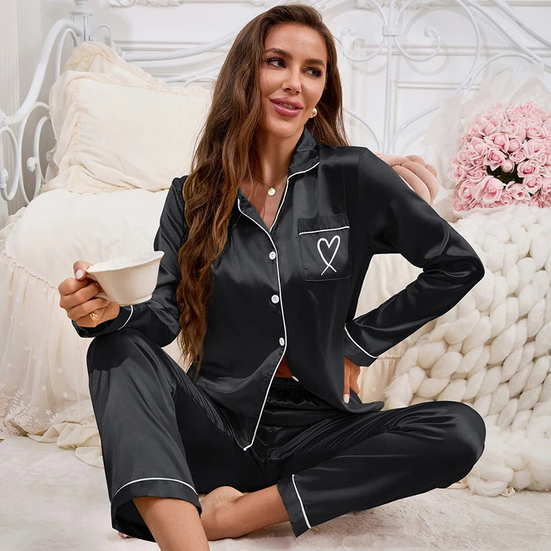 Autumn Satin Pajama for Women Heart-shaped Embroidery Sleepwear & Loungewear Long Sleeve Top & Pants Home Clothes Pyjama 2 Piece - Smarsty