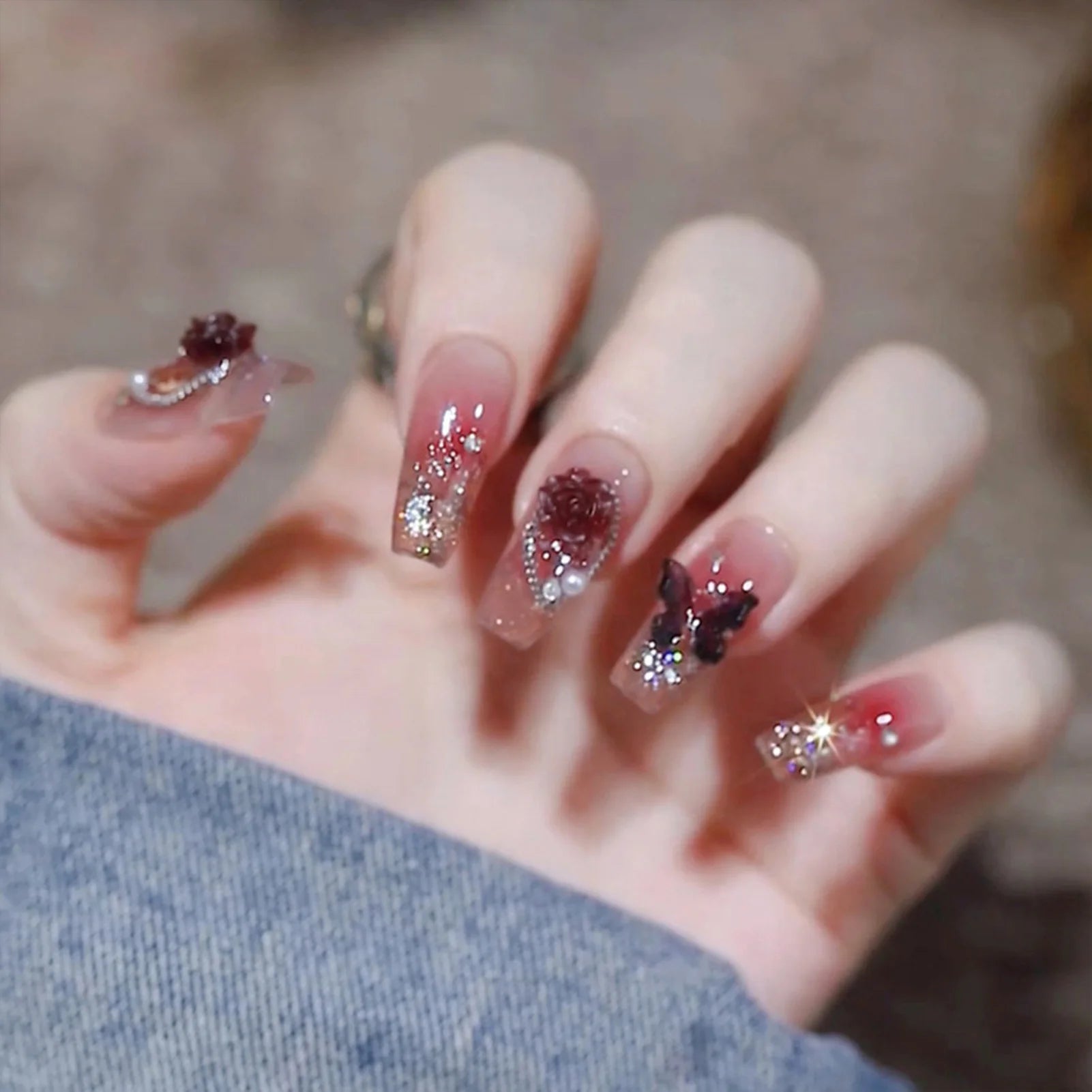 24pcs Pink Crystal Bow Press On Nails for Girls - Smarsty