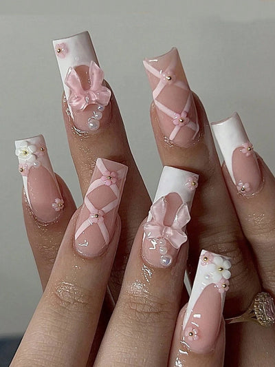 Pink Bowknot Stiletto Press On Nails 24PCS Full Cover - Smarsty