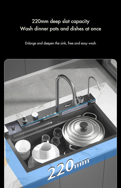 Large Stainless Steel Kitchen Sink with Digital Faucet Display - Smarsty