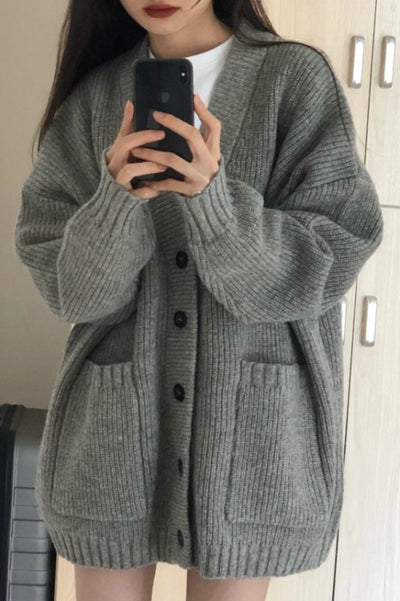 Autumn Winter Women Cardigan Sweater Coats Fashion Female Long Sleeve V-neck Loose Knitted Jackets Casual Sweater Cardigans - Smarsty