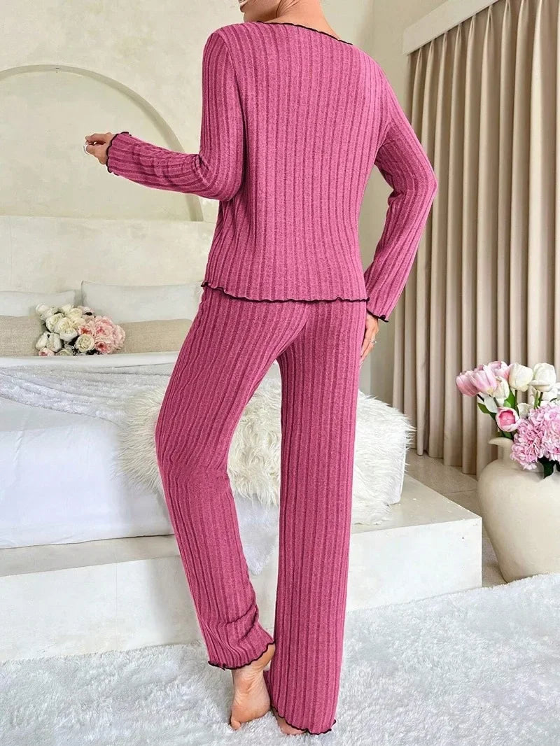 Women Autumn Winter Sleepwear Ribbed Pajamas Set Long Sleeve Top and Long Pants 2 Piece Set Casual Homewear Loungewear - Smarsty