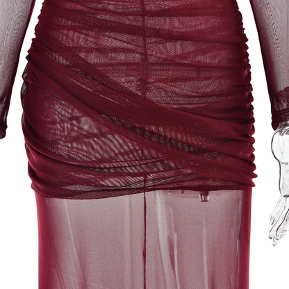 Articat Elegant Mesh Patchwork Long Sleeve Bodycon Party Club Evening Dress Sexy Double Layer Perspective Vestido Autum Clothing - Smarsty