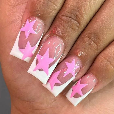24PCS Medium Pink Black French Tip Press On Nails - Smarsty
