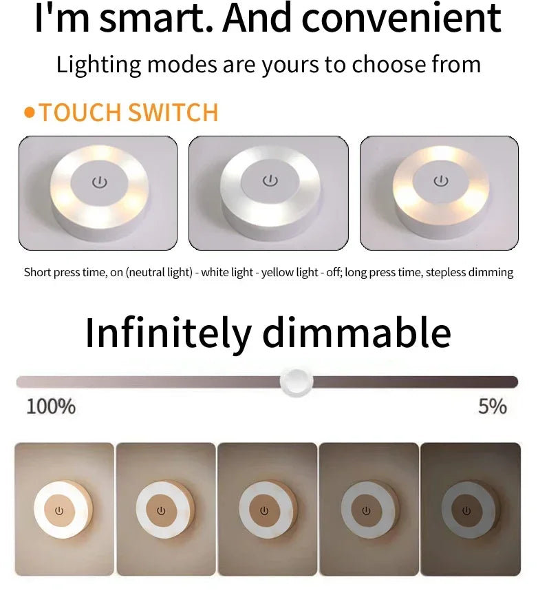 Rechargeable Round LED Wall Lamp with Dimmable Touch Switch - Smarsty