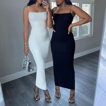 Summer Black Sexy Dress Women Streetwear Sleeveless Backless Solid Spaghetti Strap Bodycon Casual Clubwear Elegant Party Dresses - Smarsty
