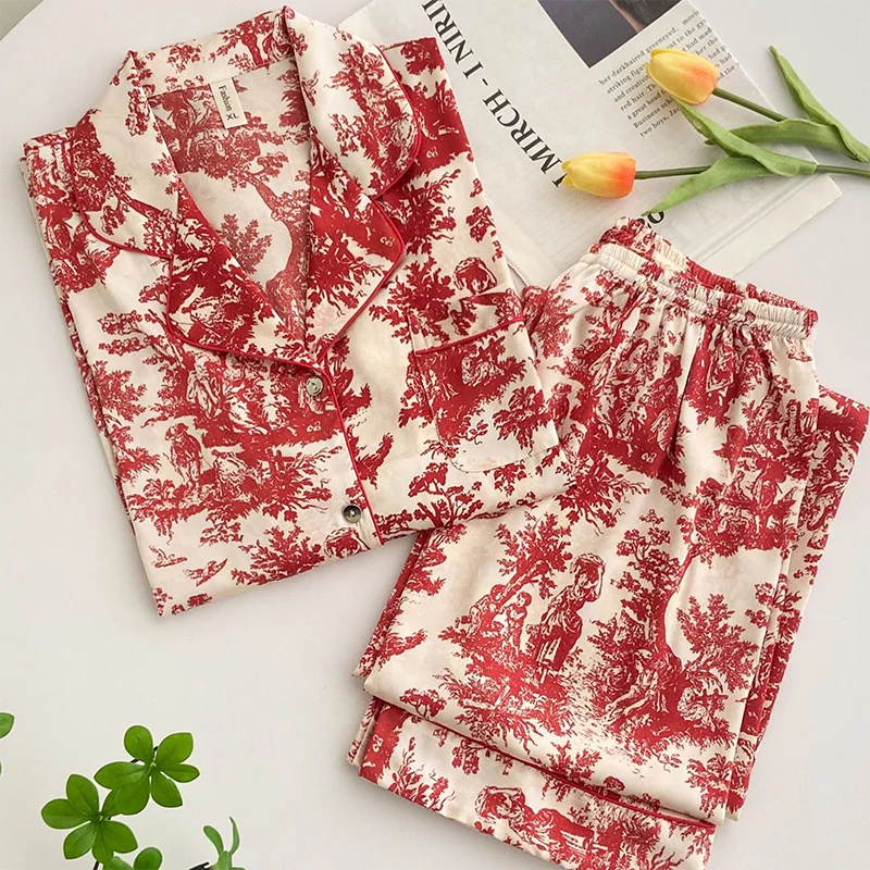 Fashion Print Flower 2PCS Pajamas Set Women Sleepwear Spring Summer Trouser Suits Lounge Wear Loose Satin Homewear Pijamas Suit - Smarsty