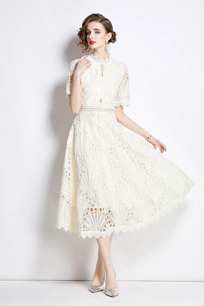 H Han Queen Spring New Elegant Casual Work Party Dresses Floral Crochet Hollow Out Lace Patchwork Casual Office Midi Dress - Smarsty