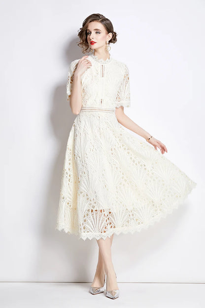 H Han Queen Spring New Elegant Casual Work Party Dresses Floral Crochet Hollow Out Lace Patchwork Casual Office Midi Dress - Smarsty