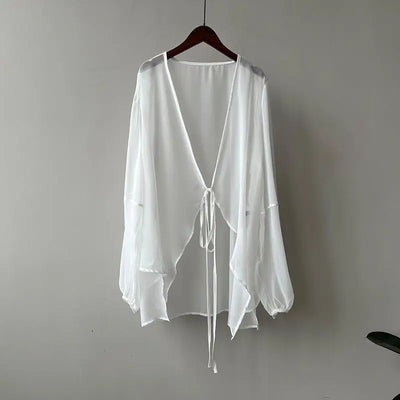 Shirts Women V-neck Loose Long Sleeve Open Stitch Korean Style Lace-up Simple Solid Summer Chiffon Breathable Minimalist Stylish - Smarsty