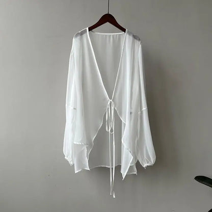 Shirts Women V-neck Loose Long Sleeve Open Stitch Korean Style Lace-up Simple Solid Summer Chiffon Breathable Minimalist Stylish - Smarsty