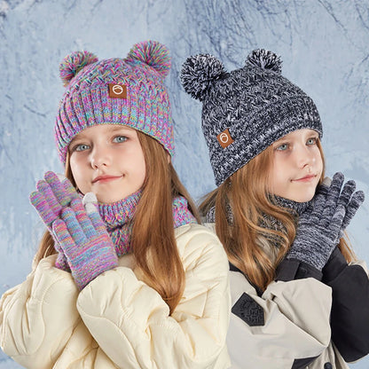 Winter Kids Hat Set Warm Beanie Scarf Gloves Pompom Fleece - Smarsty