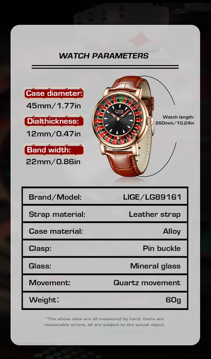 LIGE Waterproof Brown Leather Men's Roulette Watch - Smarsty