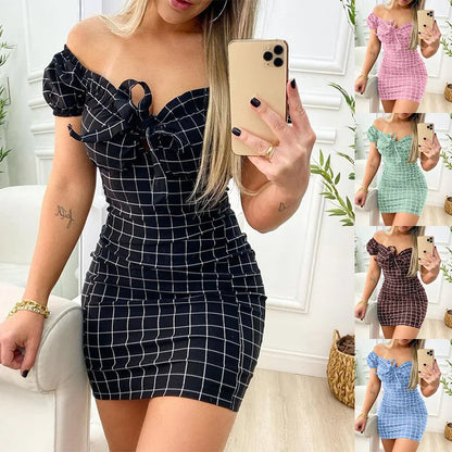 Summer dress sexy package buttocks short skirt of cross border grid print dress - Smarsty