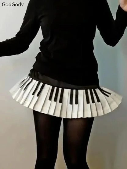 Spring Black White Spliced Women Short Skirt 2025 Y2k Slim Design Harajuku Mini Skirt Female Empire Korea Style Chic Piano Skirt - Smarsty