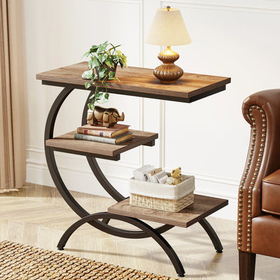 Tribesigns C-Shaped End Table, Industrial 3-Tier Small Table for Couch, Wood Bedside Table Snack Table with Storage Shelves - Smarsty