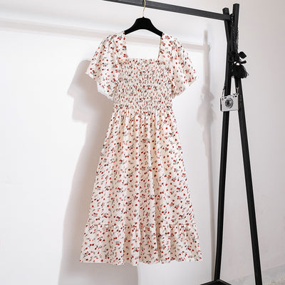 Spring Summer Chiffon Dress Women Midi DressesFemale Short Sleeve Elastic Waist Printed Floral Pleated Backless Casual Dress - Smarsty