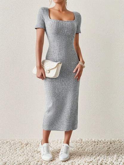 Summer Square Neck, Hip-Hugging Mid-Length Skirt, Short-Sleeved, Versatile Knitted Slit Dress - Smarsty