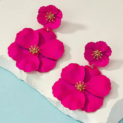 Fuchsia Flower Drop Earrings with Gold Plating for Women - Smarsty