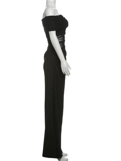 Weird Puss Ruched Irregular Dress Women Mesh Patchwork Slash Neck Short Sleeve Skinny Stretch Trend Elegant Long Bodycon Outfits - Smarsty