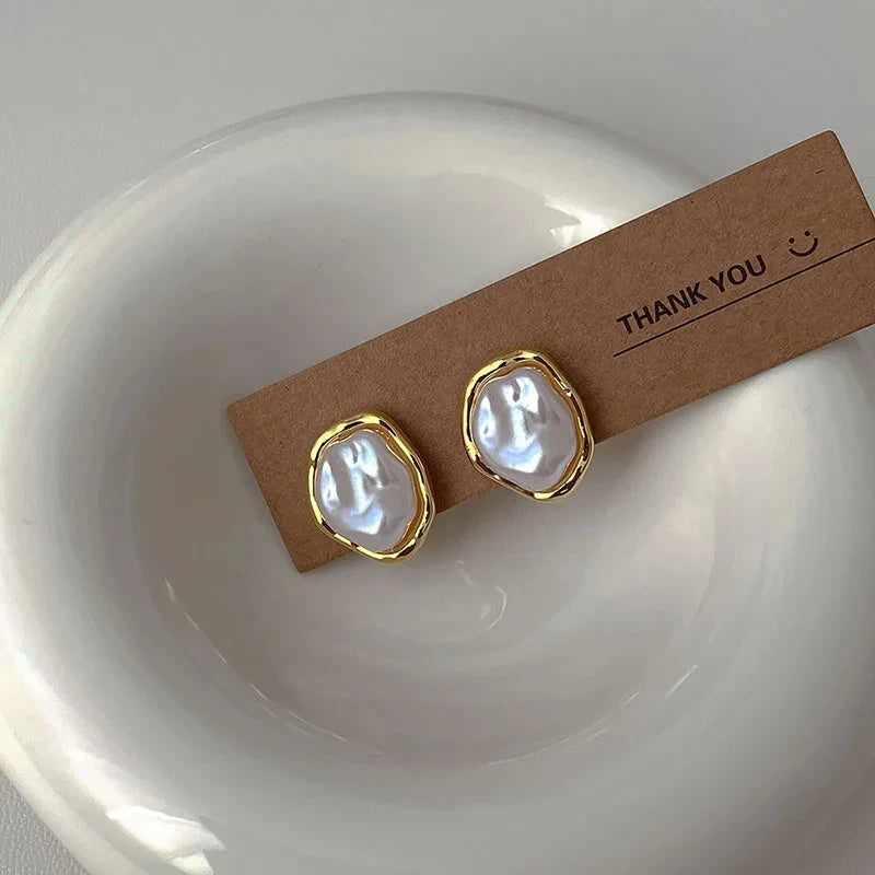 Geometric Metal Pearl Stud Earrings Minimalist Trendy - Smarsty