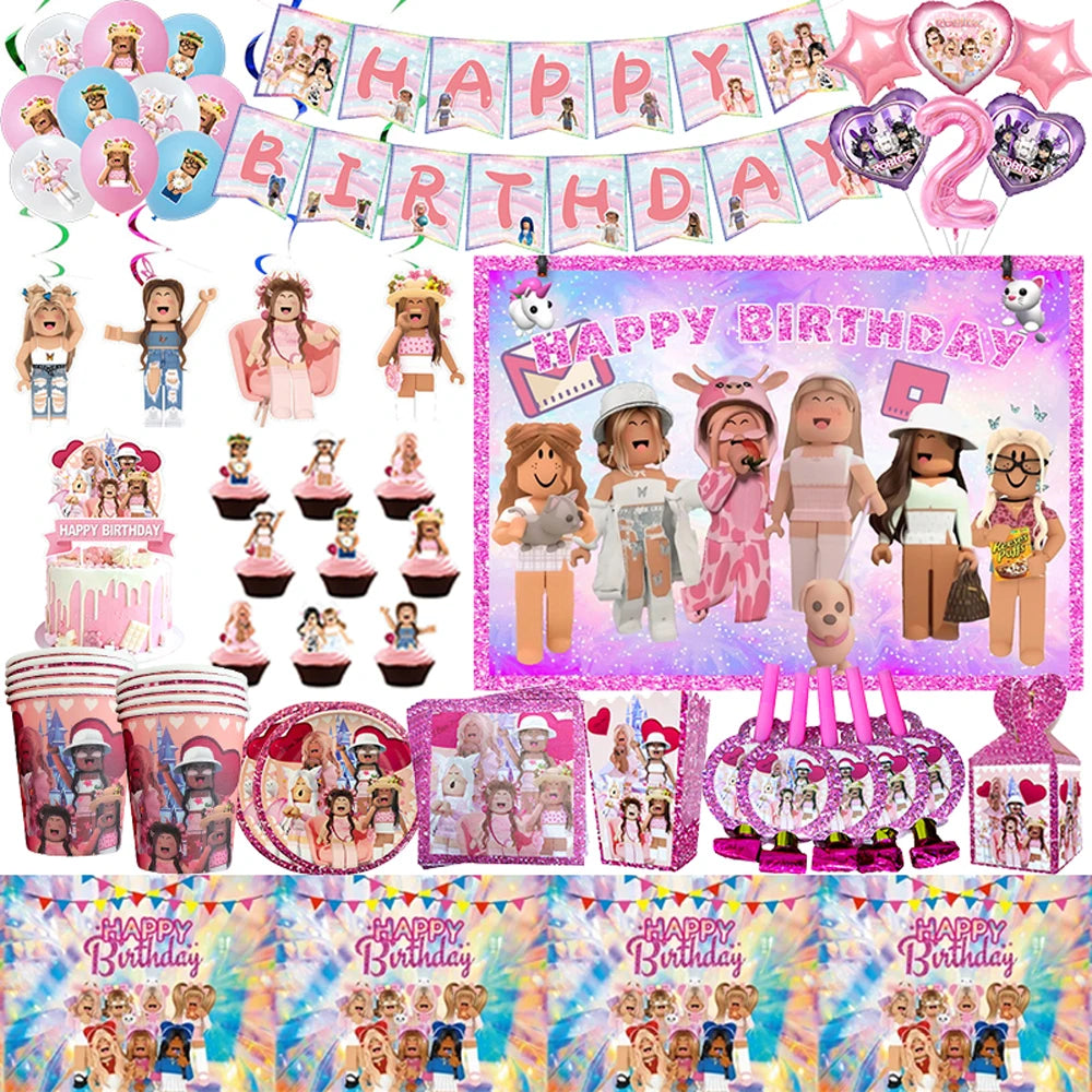 Pink Roblox Birthday Party Decorations Tableware Set - Smarsty