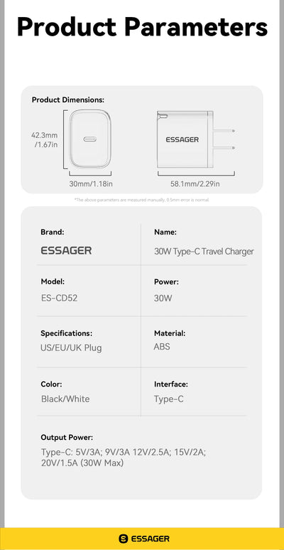 Essager Mini 30W Type C Charger PD QC3.0 Fast Type C Charger For iPhone 16 15 14 13 Pro Samsung S25 Xiaomi iPad Travel Adapter - Smarsty