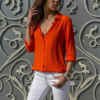 Women's summer outdoor long-sleeved lapel solid color versatile shirt fashion casual ladies single-breasted cardigan tops - Smarsty
