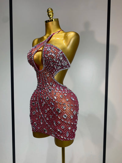 Sexy Sparkly Diamond Backless Short Dress 2025 Women Sleeveless Mesh See Through Evening Birthday Gown Singer Stage Outfit - Smarsty