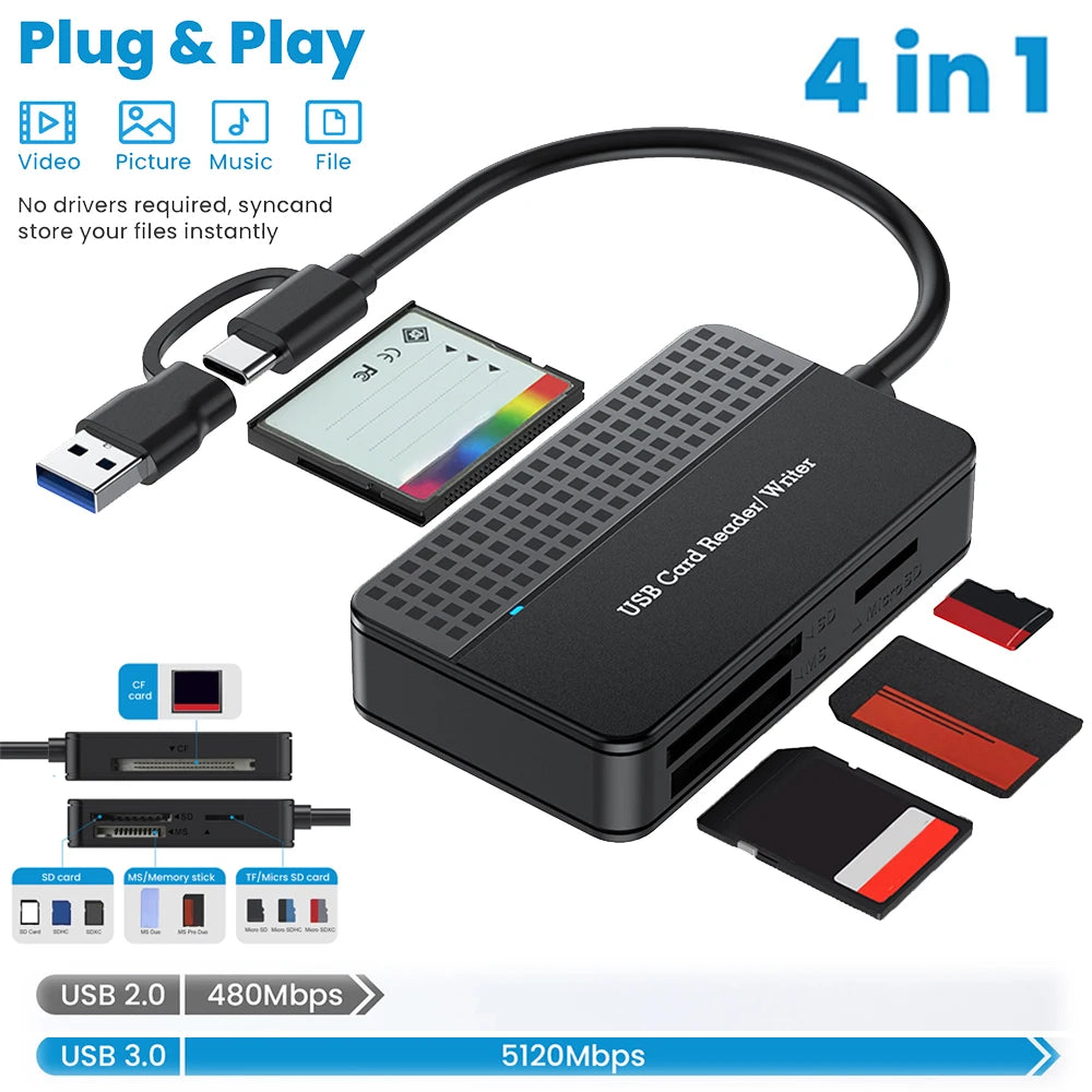 USB 3.0 Type C 4 in 1 Card Reader 5Gbps Memory Smart Card Reader SD TF CF MS Compact Flash Card Adapter 20cm Cable for Laptop PC