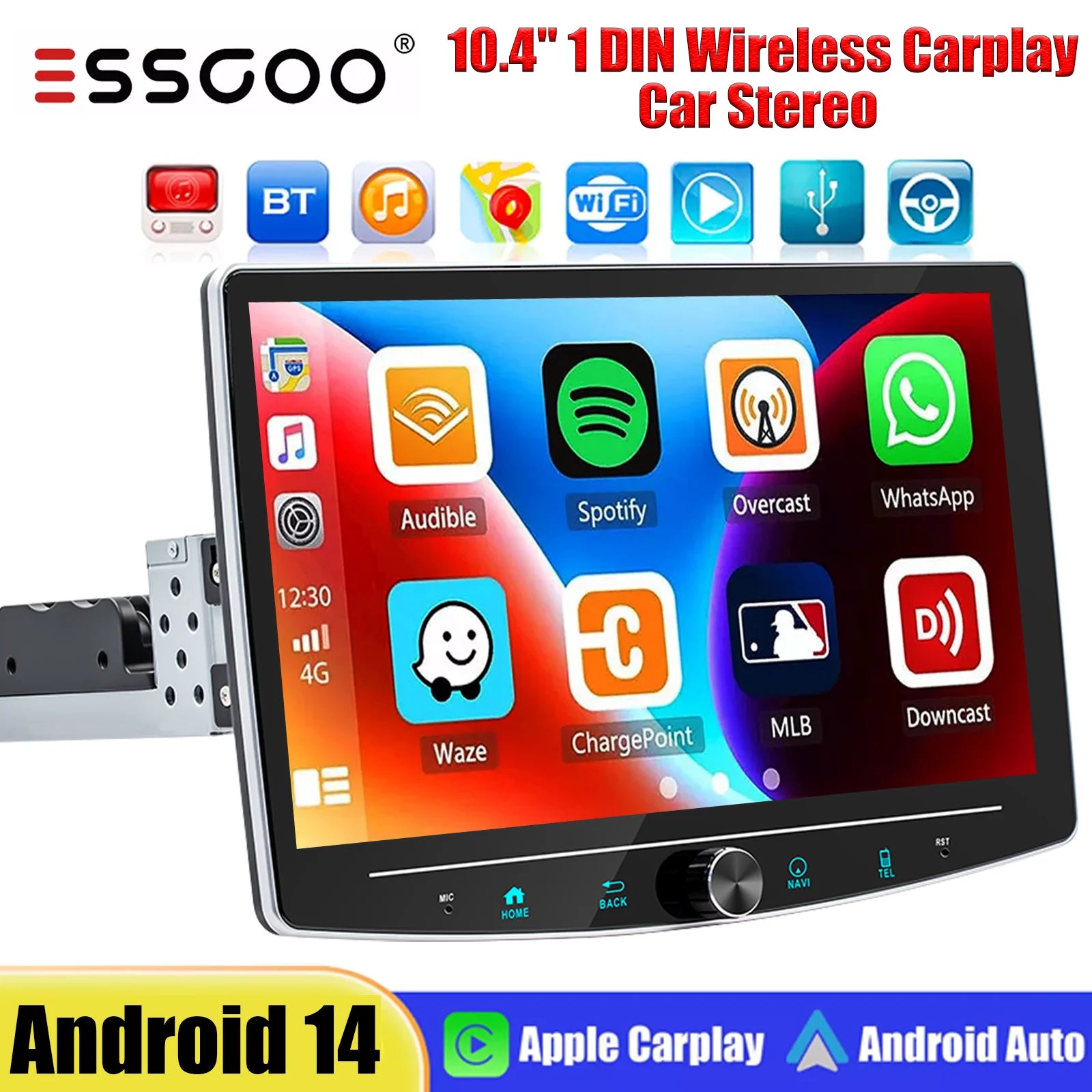 4+64GB Single 1 Din Android 14.0 10.1" Universal Wireless Carplay Car Stereo Radio Multimedia Player GPS Navi WIFI Android Auto