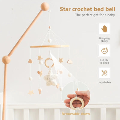 Baby Crib Mobile Bed Bell Rattle Toys Wooden Crochet Stars Pendant Bed Bell Toys Newborn Comfort Crib Bracket Hanging Toys Gifts by Smarsty