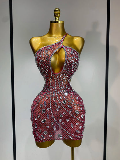 Sexy Sparkly Diamond Backless Short Dress 2025 Women Sleeveless Mesh See Through Evening Birthday Gown Singer Stage Outfit - Smarsty