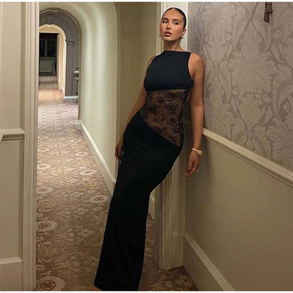 Elegant Lace Halter Dress Women Slim V-neck Backless Evening Long Dresses Woman Sleeveless Vintage Party Robe Lady Spring Summer - Smarsty
