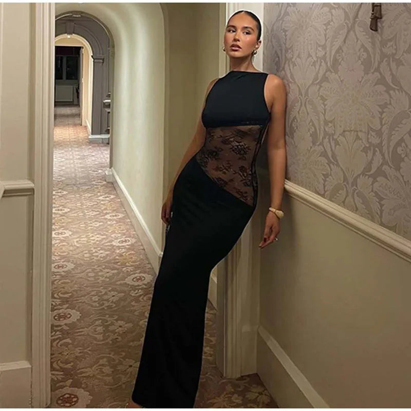 Elegant Lace Halter Dress Women Slim V-neck Backless Evening Long Dresses Woman Sleeveless Vintage Party Robe Lady Spring Summer - Smarsty