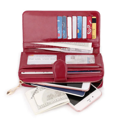 Bright and shiny wax leather long wallet that can hold multiple cards, card bags, and comes with a wristband