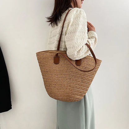 Large Capacity Straw Beach Tote Woven Shoulder Bag Summer - Smarsty