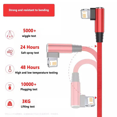 90 Degree USB Cable For iPhone 14 13 12 11 Pro Max X XR 6s 7 8 Plus 2m 3m Lead Mobile Phone Fast Charging Cord Data Charger Wire - Smarsty