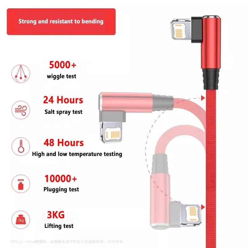 90 Degree USB Cable For iPhone 14 13 12 11 Pro Max X XR 6s 7 8 Plus 2m 3m Lead Mobile Phone Fast Charging Cord Data Charger Wire - Smarsty