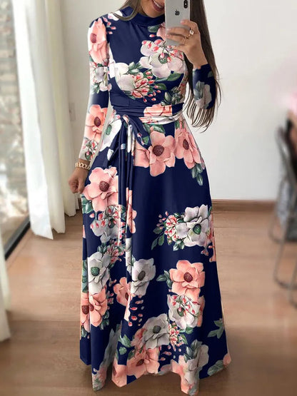 Women's Slim Dresses Casual Long Sleeve Round Neck Flower Printed Dress Strap Floor-Length Long Skirt Women's Clothing - Smarsty