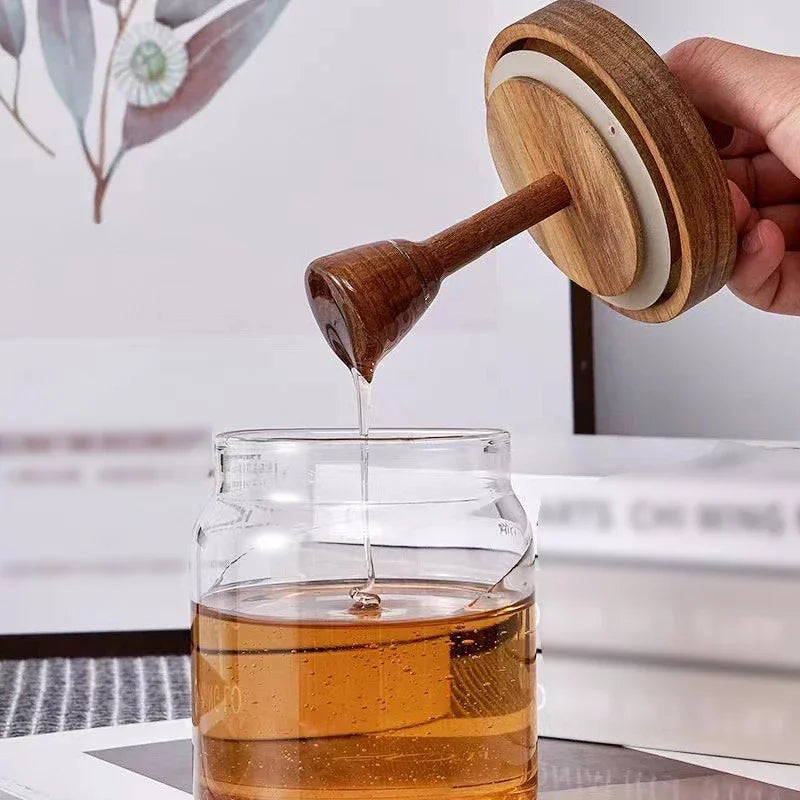 Honey Jar High Borosilicate Glass Sealed Tank Mixing Rod with Wooden Cover Transparent Honey Bottle Kitchen Storage Containers