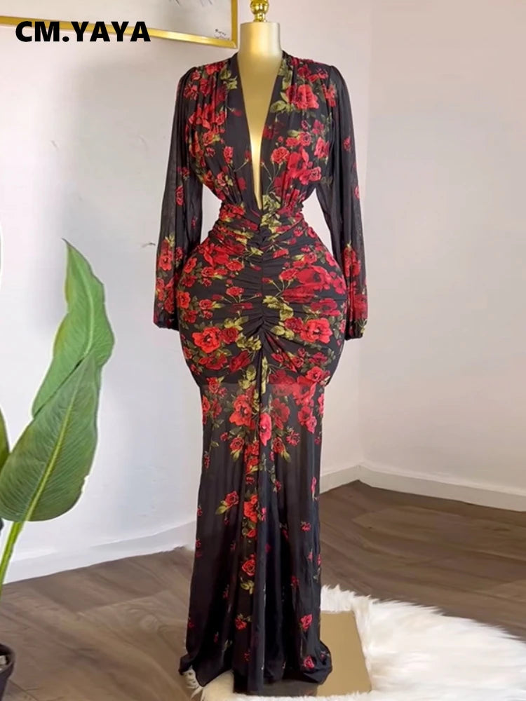 CM.YAYA Women Full Sleeve Floral Print V-neck Elegant Long Dress Ruched Holiday Birthday Evening Sexy Party Dresses Vestidos