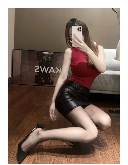 Leather Matte Slim Mini Sexy Fashion PU Hot Short High Waist Skirt Korean Nightclub Streetwear Wholesale Clothes 7ST - Smarsty