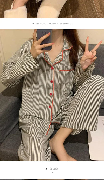 2PCS/Set Women's Long Sleeve Loose Breathable Student Sleepwear Loungewear Cardigan Gray Striped Girl Fashion Pajamas Homewear - Smarsty