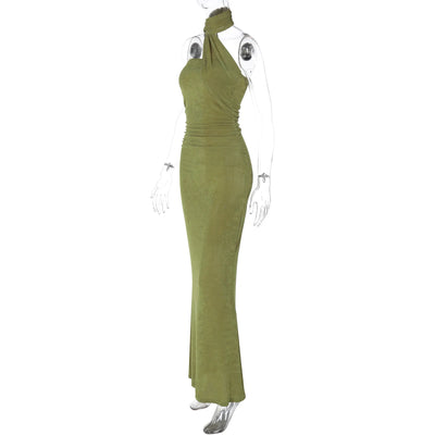 Hugcitar Halter Solid Sleeveless Backless Ruched Sexy Bodycon Maxi Prom Dress Summer Women Elegant Outfit Evening Party Birthday - Smarsty